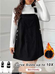 SHEIN CURVE+ Plus-Size Women's Large-Size Early Autumn Corduroy Dress With Suspenders, Spring And Autumn Black Short Skirt, Casual Basic Dress With Suspenders