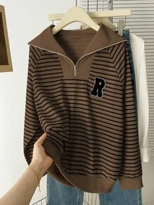 Franclia 字母刺绣 Polo 领拉链条纹长袖运动衫 - 咖啡棕 - 查看 4