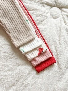 SHEIN Vintaside Kids 5 chiếc áo thun dài tay cổ tròn in hình quả anh đào và da báo dễ thương dành cho bé gái. - Đỏ - Xem 4