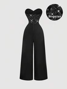 SHEIN MOD Bộ đồ liền thân Bandeau chắp vá sequin đen dành cho nữ, Trang phục dạ hội, Trang phục năm mới, Trang phục Giáng sinh, Trang phục tiệc tùng, Trang phục Giáng sinh, Trang phục mùa thu dành cho nữ, Bộ đồ liền thân corset dành cho nữ, Trang phục Lễ Tạ ơn, Trang phục mùa đông, Trang phục Giáng sinh màu đen, Trang phục nàng tiên cá - màu đen - Xem 2