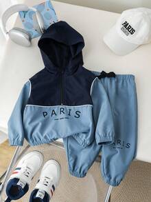 SHEIN Bộ Hai Món Bé Trai Bé Gái In Chữ Màu Khối Có Mũ Và Quần Thể Thao - Màu xanh lam - Xem 7