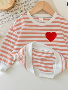 Baby Mädchen Französischer Streifen & Herz Patch Oversized Pullover Sweatshirt, geeignet für den lässigen Alltag im Herbst und Winter