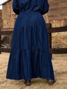 SHEIN Clasi Plus Size Elastic Waist Loose Fit Denim Skirt With A-Line Shape - Dark Wash - View 2