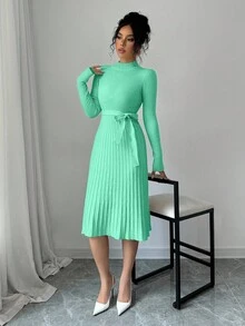 Selianne 优雅通勤纯色领口系带针织连衣裙 - 薄荷綠 - 查看 3