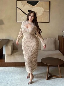 Vibekara 大码女式秋冬蕾丝拼布领花卉浪漫优雅紧身开叉下摆派对连衣裙，适合派对、日常穿着、圣诞节、情人节、单身派对、宴会 - 杏色 - 查看 4