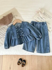 LMoss Kids 2件套女婴蓝色牛仔宽松上衣和阔腿裤套装 - 淺色水洗藍 - 查看 5