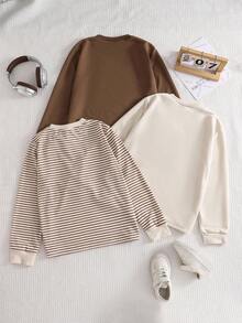 SHEIN 女孩秋季服装 - 长袖条纹运动衫搭配米色和棕色运动衫，时尚且适合日常穿着 - 彩色 - 查看 2
