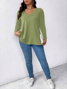 EMERY ROSE Plus Size Solid V-Neck Long Sleeve Casual T-Shirt For Spring - Army Green - View 3