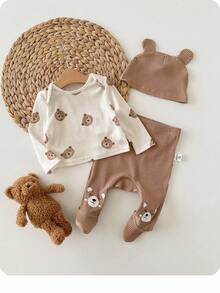 新生女婴休闲可爱卡通图案针织长袖上衣、裤子和帽子家居服套装 - 彩色 - 查看 1