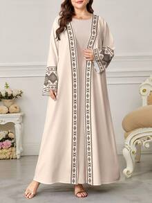 SHEIN Najma 大码女式几何印花长袖休闲阿拉伯长袍，适合春秋季节 - 彩色 - 查看 1