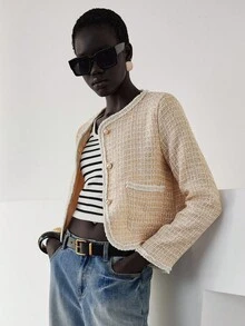 Lumivelle Light Yellow Fabric Patchwork Ribbon Short Jacket - Light Yellow - View 4