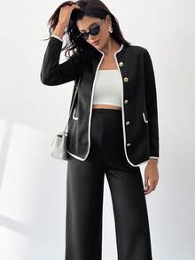 MaterniWear Maternity 2pcs Suit Set Black And White,Autumn,Elegant,Office Contrast Trim Blazer Jacket And Pants,Professional Work Wear Outfits For Pregnant Women - Black - View 6
