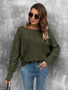 EMERY ROSE Women's Casual Solid Color Batwing Sleeve Crew Neck Sweater, Autumn/Winter - Army Green - View 4