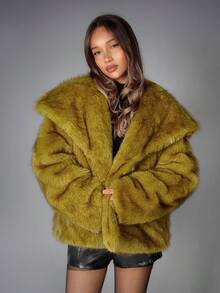 SHEIN ICON 女式黑色浸染绿色仿皮草夹克，秋冬 - 綠色 - 查看 6