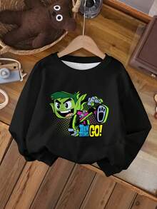 Teen Titans Go X SHEIN Tween Boy Letter & Cartoon Figure Graphic Crew Neck Long Sleeve Sweatshirt