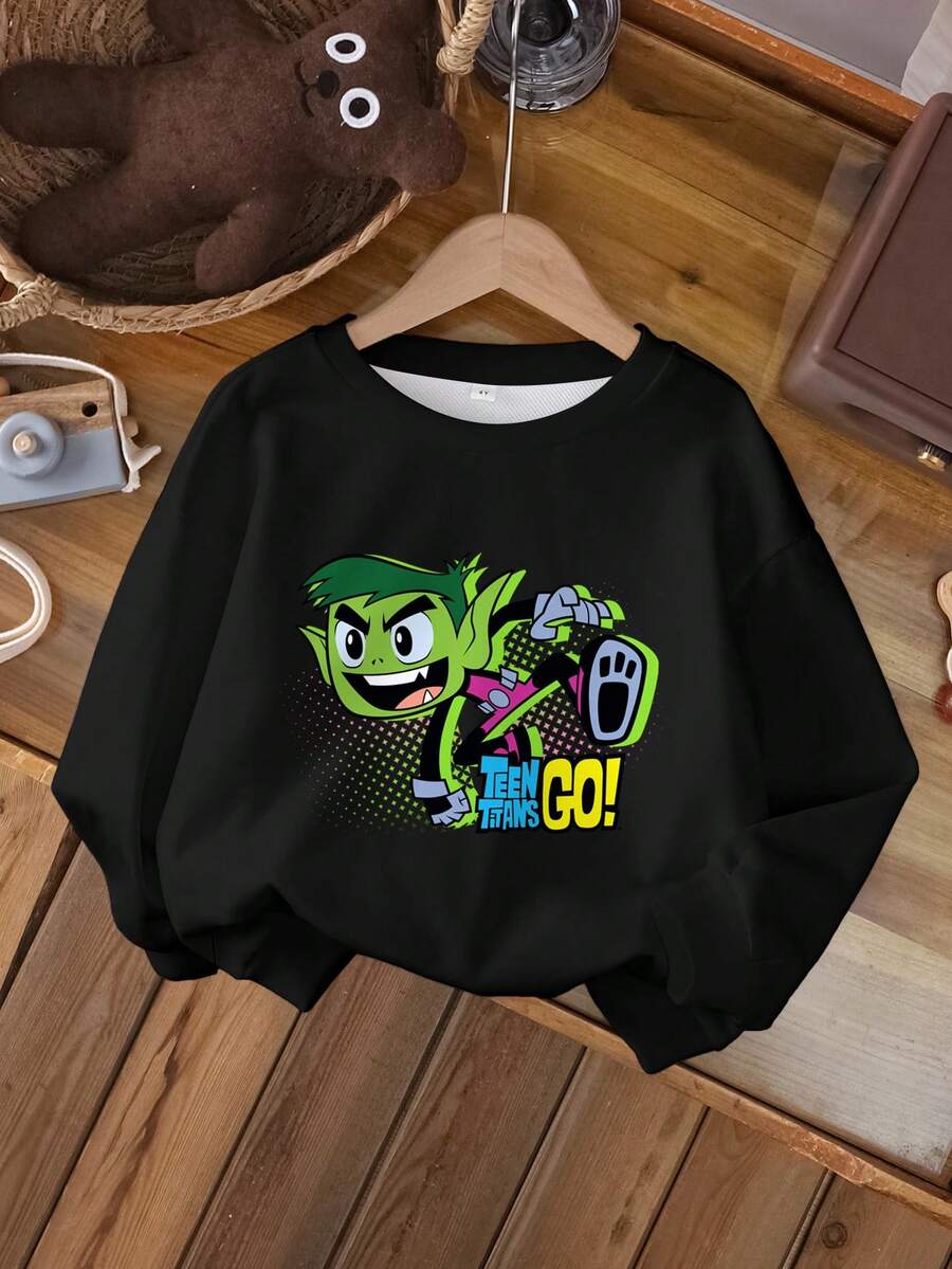 Teen Titans Go X SHEIN Tween Boy Letter & Cartoon Figure Graphic Crew Neck Long Sleeve Sweatshirt