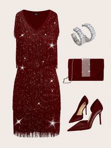 SHEIN Clasi 女士优雅扭纹V领金属紫色无袖派对连衣裙 - 酒紅色 - 查看 3