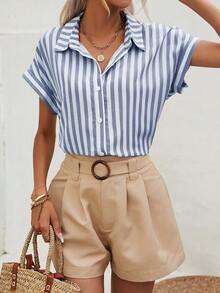 SHEIN Frenchy 休闲宽松条纹百搭日常女式衬衫 - 藍色 - 查看 2