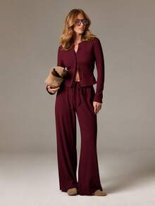 AiiRZ Women Ribbed Knit Coordinated Set Button Up Cardigan Wide Leg Drawstring Pants Loungewear Fall Winter Relaxed Fit Modern Two Piece Outfit - Burgundy - View 3