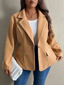 EMERY ROSE معطف نسائي ضيق بياقة صدر وأكمام طويلة وزر واحد، مقاسات كبيرة، قماش خريفي/شتوي للنساء