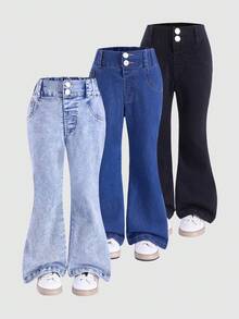 Genkimix Kids 3 件套年轻女孩牛仔喇叭裤套装，包括牛仔裤 + 纯色牛仔裤，修身弹力，休闲度假和街头时尚风格，适合春夏季 - 彩色 - 查看 6