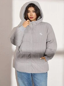 Zelara 大码女式纯色长袖拉链连帽羽绒服，冬季假日保暖灰色外套，冬季舒适保暖，适合秋季圣诞节、新年、感恩节派对等场合 - 淺灰色 - 查看 4