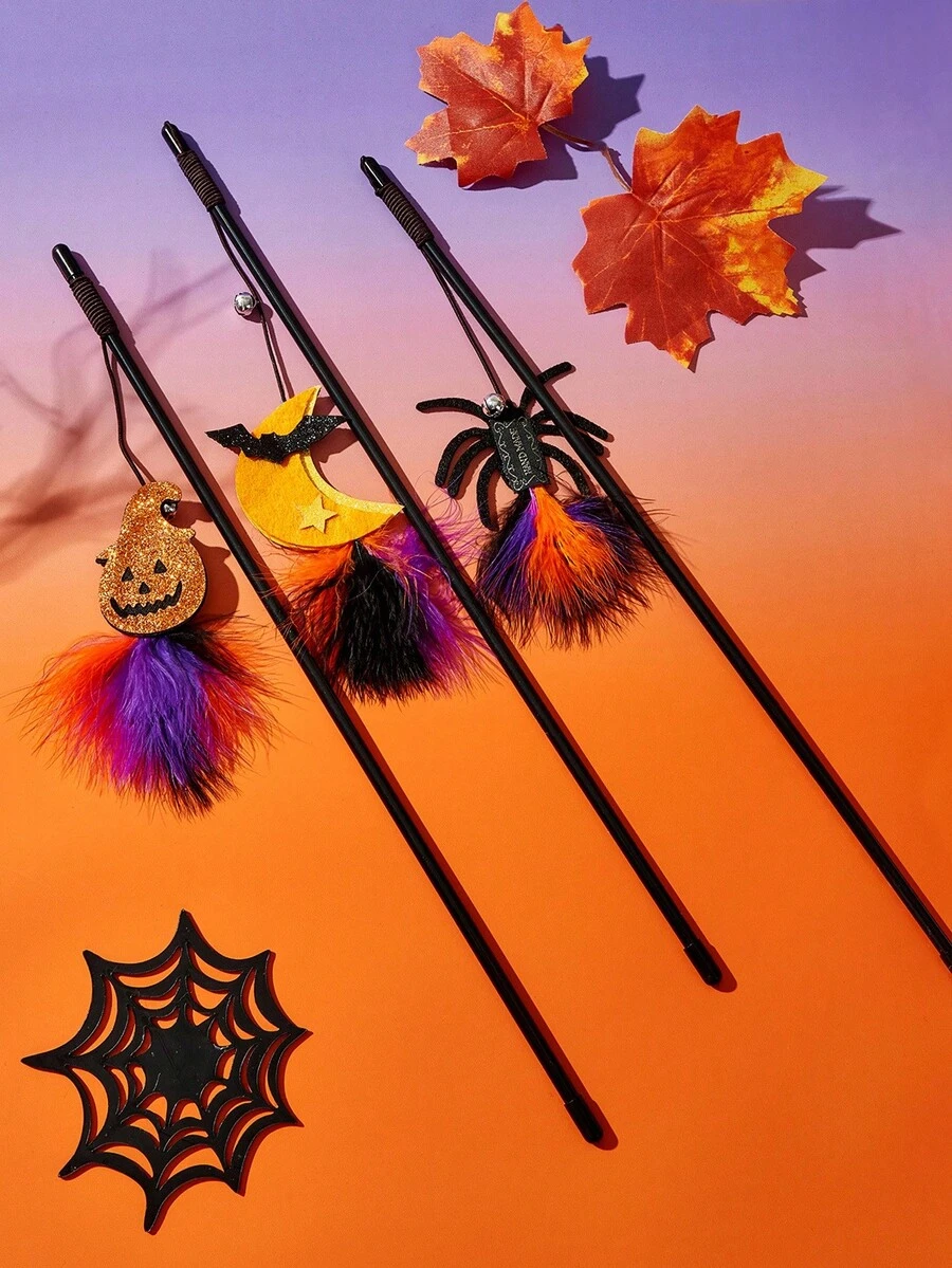 PETSIN 1pc Halloween Cat Teaser Toy With Real Feathers, Random Color - Multicolor - View 1