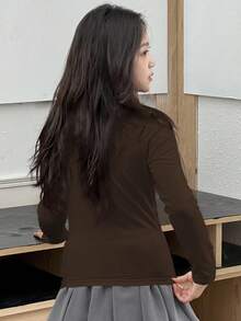 DAZY 女童高领保暖修身T恤，秋季百搭长袖上衣 - 咖啡棕 - 查看 5