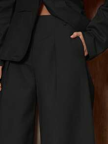 MUSERA 超宽腿褶裥西装裤，适合约会、外出、夜生活、工作、办公室、派对、春季、情人节等各种场合，尽显优雅气质。 - 黑色 - 查看 5