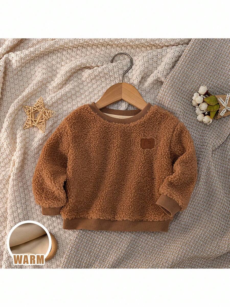 Loomiva Baby Boy Embroidered Thick Crew Neck Long Sleeve Pullover Sweatshirt Autumn Winter Clothes For Women - Apricot - View 1