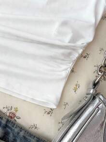 Teen Girls' White Knit Casual Minimalist Polka Dot Print Asymmetric Ruched Cropped Top, Suitable For Spring/Summer, Casual, Personalized Styling, Daily Wear Autumn Outfits , Easy Comfort Tops Suitable For Autumn/Winter Daily Wear,Street Style, Home Shirts For Teen Girl Off The Shoulder T Shirt Cute White Tops - White - View 4