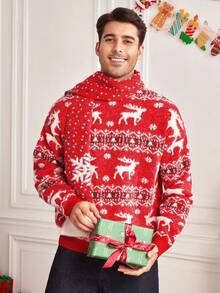 Manfinity RelaxMax 圣诞家庭驯鹿几何图案男式毛衣 - 紅色 - 查看 4
