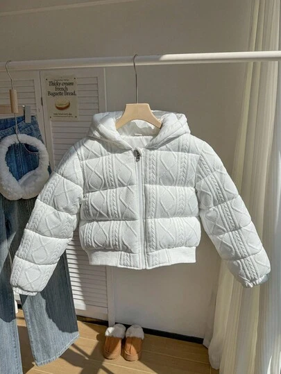 1 pieza Abrigo con capucha con estampado floral texturizado para adolescentes, color blanco sólido, manga larga, informal, adecuado para el invierno