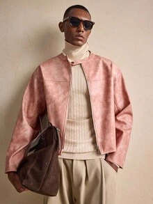 AKNOTIC Modische Herren Pendler Jacke aus rosa Kunstleder, Herbst/Winter, Weihnachten