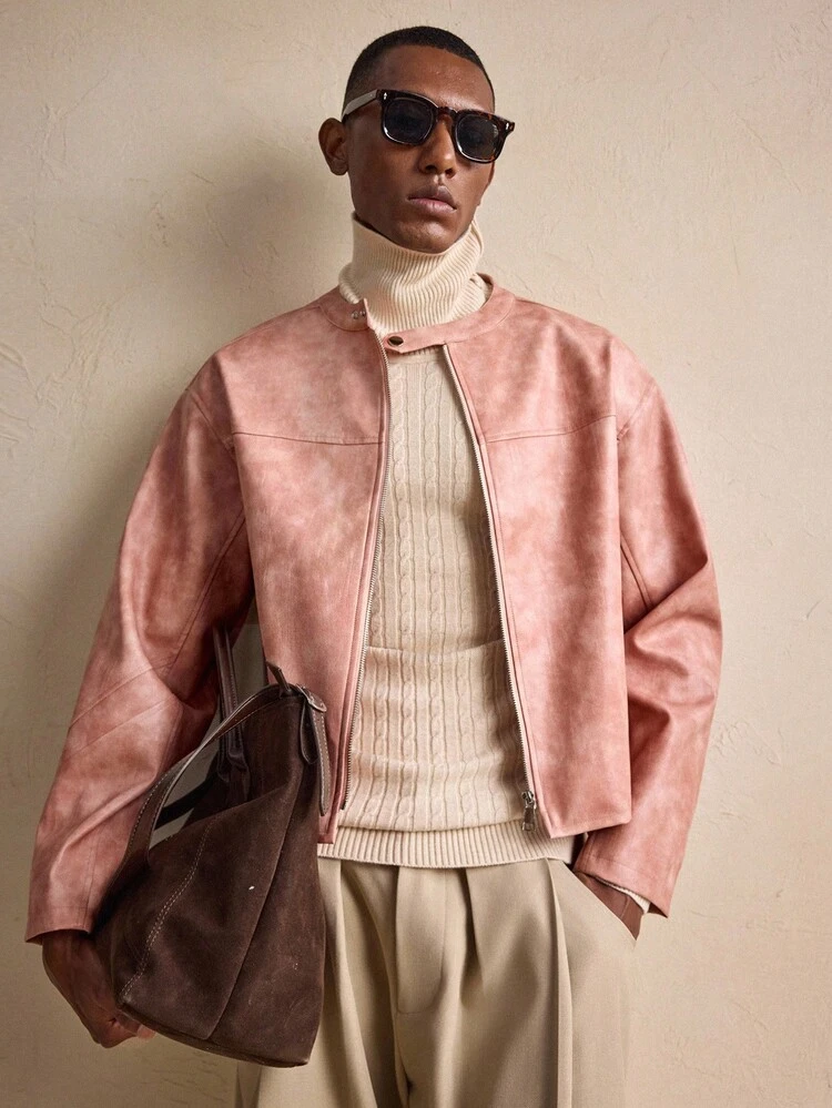 Men's Fashionable Commuter Pink PU Leather Jacket, Autumn/Winter, Christmas