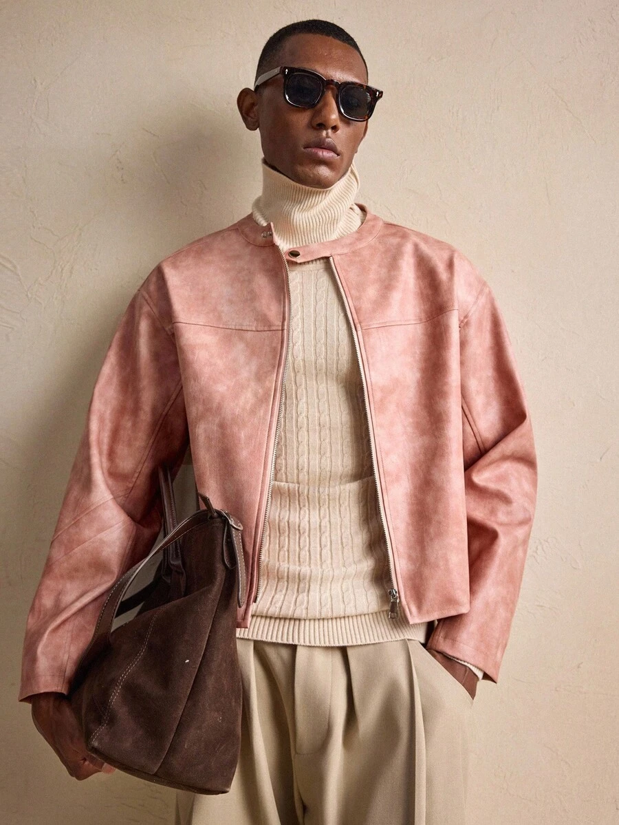 AKNOTIC Modische Herren Pendler Jacke aus rosa Kunstleder, Herbst/Winter, Weihnachten