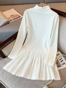 Airaco 女式骑士印花 Polo 领长袖荷叶边下摆休闲连衣裙 - 藏蓝色 - 查看 2