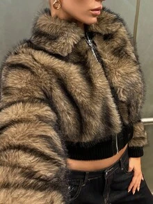 Muchica 秋冬女士棕色人造毛皮撞色拉链长袖夹克 - 摩卡棕 - 查看 4