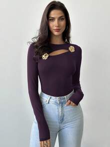 Firerie Áo thun nữ tay dài màu đen họa tiết hoa hồng rỗng trang trí kim loại thanh lịch, tinh tế, mùa thu - Màu tím - Xem 4