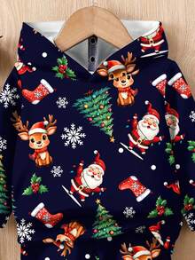 SHEIN Baby Boy Casual Minimalist Fashion Classic Christmas Warm & Comfortable, Star Christmas Tree, Cartoon Pattern, Christmas Deer, Christmas Pattern, Loose Fit Cozy Knit Soft Hoodie Sweatsuit Set, Suitable For Autumn/Winter - Multicolor - View 4