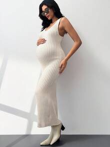 MaterniWear 孕妇针织套装，搭配露肩格子毛衣和配套针织长裙，日常休闲装 - 杏色 - 查看 3