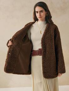 Cévolie 女式棕色长袖单排扣宽松休闲仿皮草夹克 - 棕色 - 查看 5