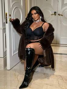 NU&NOW Mantel in Große Größen für Frauen mit Kunstpelzkragen, flauschig, sexy V-Ausschnitt, tailliert, knielanges Patchwork-Design, modisch und elegant, geeignet für Herbst/Winter