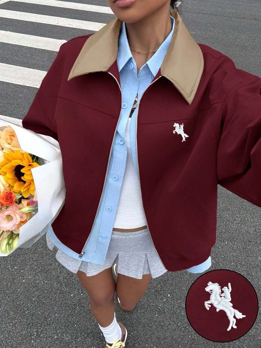 Muchica 女式纯色勃艮第短夹克休闲梭织面料,带领拉链和腕长袖,适合日常穿着学院风女式宽松衬衫秋冬女装 - 酒紅色 - 查看 1