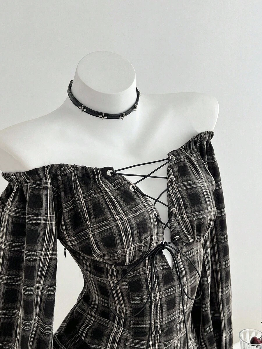 Elamini 1pc Black Plaid Off Shoulder Tie Front Flared Hem Casual Vintage Romantic Dress For Women, Autumn/Winter - Black - View 1