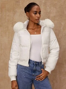 Lumalex 女士休闲拉链连帽羽绒服，带毛领，保暖时尚，白色外套，适合女士穿着。毛领外套，优雅迷人，保暖舒适，新款时尚，适合女士参加舞会、聚会、宴会、晚宴、节日派对、锐舞派对、户外度假等场合，层次丰富，适合婚礼、宰牲节、新年派对、晚宴 ... - 白色 - 查看 3