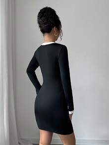 Elenzga 女式二合一长袖紧身迷你连衣裙 - 黑色 - 查看 2