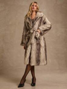 SHEIN Glamour 女士时尚翻领系带长款仿皮草大衣，秋冬 - 卡其色 - 查看 1
