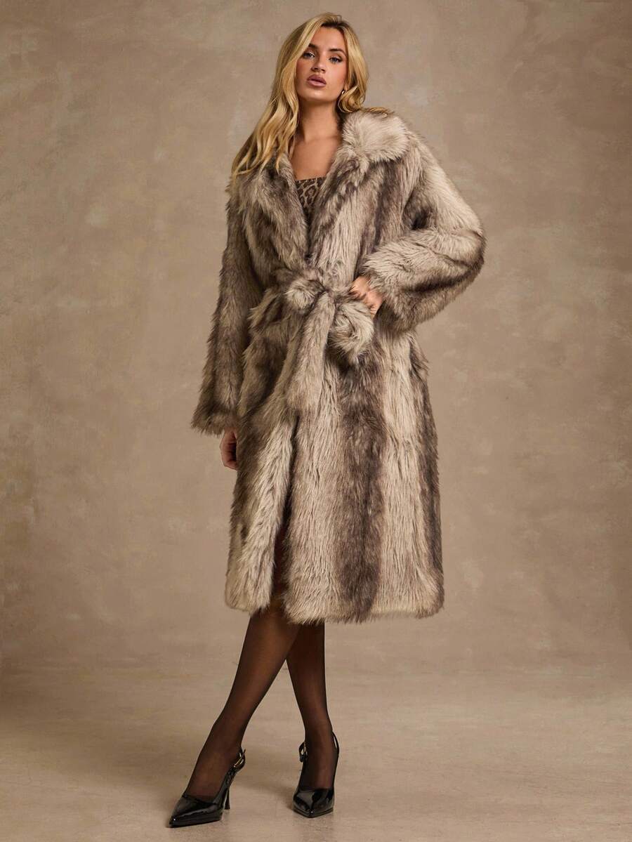 SHEIN Glamour 女士时尚翻领系带长款仿皮草大衣，秋冬 - 卡其色 - 查看 1