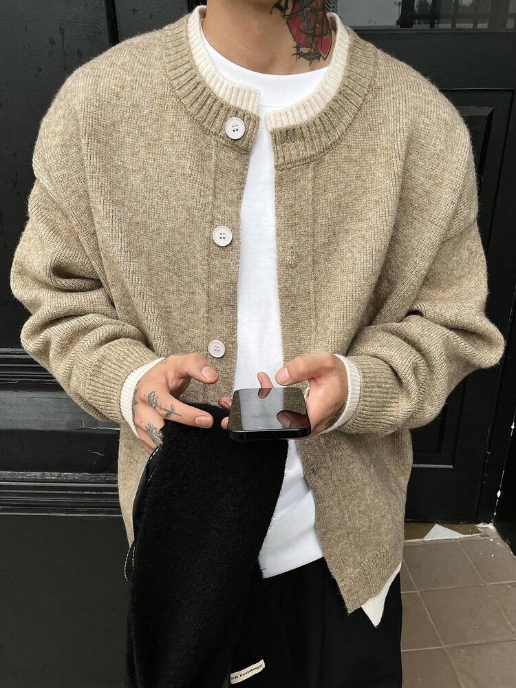 Men's Solid Color Contrast White Cardigan, Autumn, Grunge Style